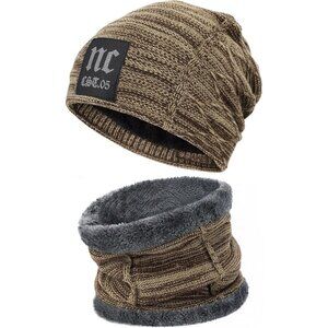 🆕 Men Khaki Fleece Lined Winter Cap Beanie Scarf Set Knit Neck Warmer Nice Hat
